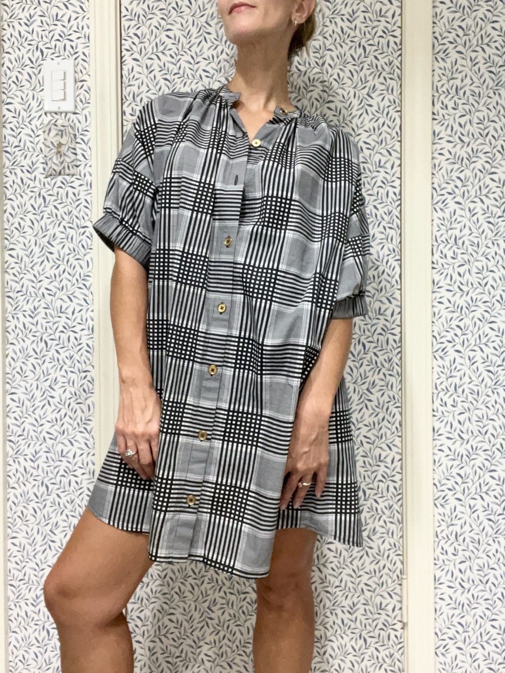 Never A Wallflower Elastic Sleeve Dress in Black & Gray Plaid